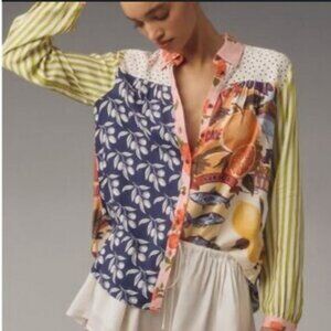 Anthropologie Maeve Paz Loose Fit Button Down Mix Print Shirt Sz 2X